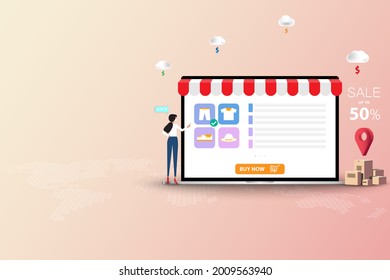 Concept of online shopping, young women wear a white face mask and touch the screen of laptop to order a new pant in pastel color background.