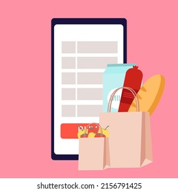 The concept of online shopping.Phone with an online store. Bags of food. Local market and grocery store. Buy products online. Food delivery services. 