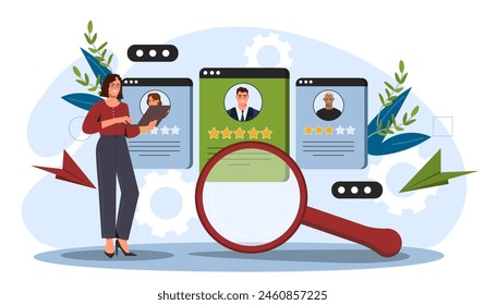 Concept of online staff search. Female HR manager with a magnifying glass evaluating profiles on computer screens, flat graphic style, light background. Modern vector illustration