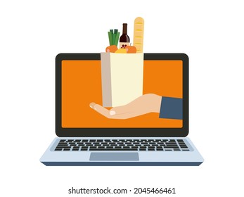 Concept for an online store. Computer and hand holding food bag. Vector illustration.