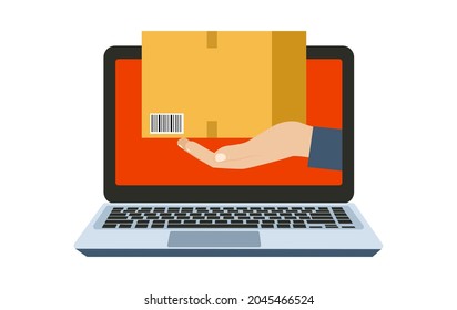 Concept for an online store. Computer and hand holding a box. Vector illustration.
