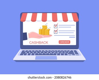 Concept for an online store. Computer and hand holding a cashback to the buyer. Vector illustration.