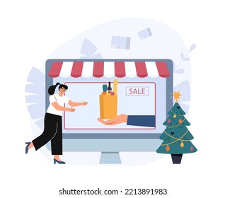 Concept for an online store. Computer and hand holding a food package. The woman receives a bag with food. Vector illustration.