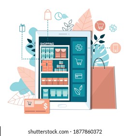Concept of online store with a digital tablet and food. Online shopping app. 