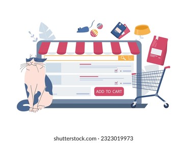 The concept of an online store of goods for animals. Cat, computer and various pet food and toys. Vector illustration.