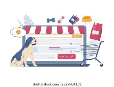 The concept of an online store of goods for animals. Dog, computer and various pet food and toys. Vector illustration.