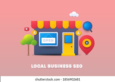 Concept Of Online Store, Local Business SEO, Local Listing - Conceptual Creative Vector Illustration With Icons And Texts