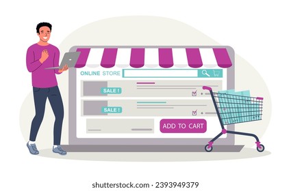 Concept for an online store. Man shopping and enjoying the sale. Vector illustration.