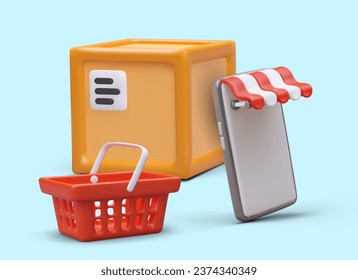 Concept of online store. Parcel, smartphone with striped canopy, shopping cart. Online shopping with address delivery. Vector 3D composition. Phone application advertising mockup