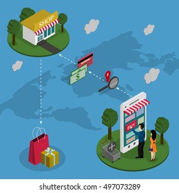 The concept of the online store. People buy the phone on a world map background and different characters. Vector illustration.