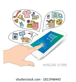 Concepto de una tienda online, comercio online y pedidos de productos a través de Internet. Aplicación en un teléfono inteligente, una canasta de pedidos. Ilustración hecha a mano de íconos de bienes, comida, ropa y hogar