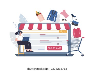 Concepto de una tienda online. Una mujer hace varias compras que terminan en un carro de la compra. Ilustración vectorial.