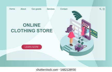 The concept of online online store of women's clothing. Illustration of online payment, wide range and easy search. Isometric 3D Illustration. Vector website landing page design template