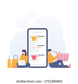 the concept of online stores, e-commerce, ordering and payment. illustration of people using laptops and smartphones for online shopping. flat design. can be used for elements, landing pages, UI.