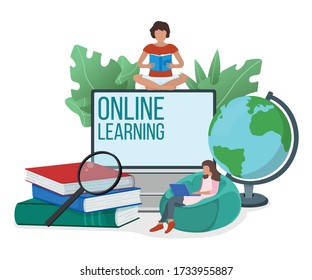 Concept online study, e learning modern technology isolated on white, cartoon vector illustration. Tiny character person workplace, education school material globe, book and magnifying glass.