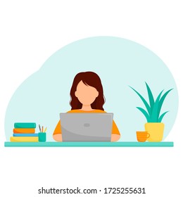 Concept of online study, freelance or remote work, girl with laptop at the table.