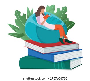 Concept online study, tiny woman sitting book stack isolated on white cartoon vector illustration. Character female workplace modern education school material textbook, leaf background design.