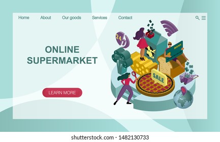 The concept of an online supermarket with giant food. Services and opportunities. Illustration of online payment, wide range and easy search. 3D isometric  illustration. landing page design template