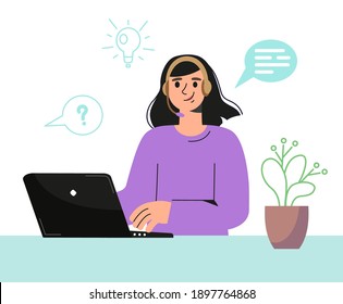 The concept of online support. A girl from the support service with a laptop and headphones helps those who apply. Flat vector illustration