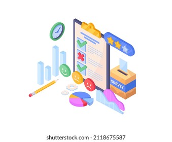 Concept of online survey. Collection of information and feedback. Rating of employees, products or company. Convenient form for filling, paper and pen. Cartoon volumetric vector illustration