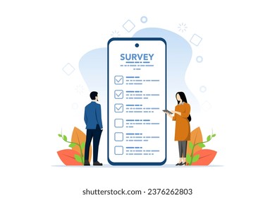 Concept of online survey questionnaire, poll, opinion or customer feedback using internet, man and woman using mobile phone or smart phone to fill online survey checklist. flat vector illustration.