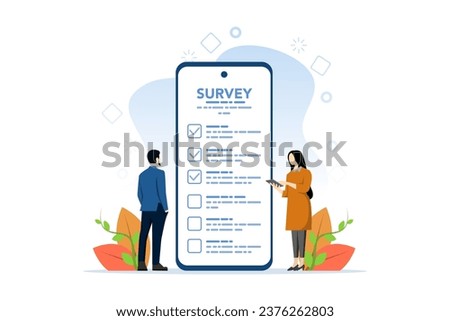 Concept of online survey questionnaire, poll, opinion or customer feedback using internet, man and woman using mobile phone or smart phone to fill online survey checklist. flat vector illustration.