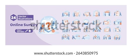 The concept of online surveys. People answer questions and provide digital feedback. Mega set.