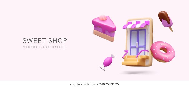 Concept of online sweets shop. 3D smartphone with striped canopy, piece of cake, candy, donut with pink topping, popsicle with icing. Remote order. Cute store