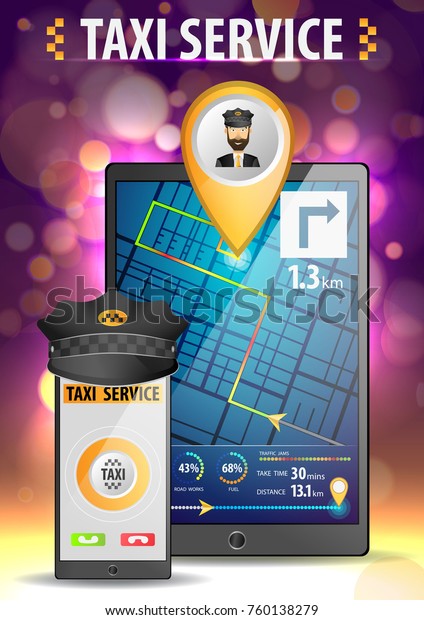 The concept of an online taxi. Order a taxi with a\
gadget and the Internet, track the driver on the map. Realistic\
phone and tablet with the application of a taxi order background\
with bokeh vector \
