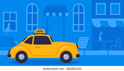 Concept online taxi using luxury retro car goes on street blue background vector illustration 