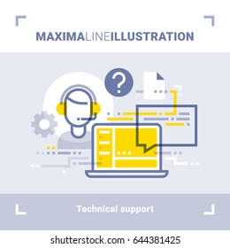 Concept of online tech support and call center. Maxima line illustration. Modern flat design. Vector composition.