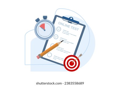 Konzept der Online-Prüfung und Überprüfung der Antworten, Prüfung, Test, Test, Test, Studententest, Mitarbeiter, Fragebogen, Bewertung. Menschen wählen Antworten in Online-Tests aus. flacher Vektorgrafik-Banner.