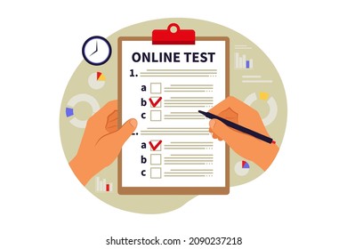 Concept online testing, e-learning, examination.. Vector illustration. Flat