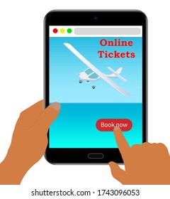 Concept of online tickets mobile application,flight booking mobile application.Hands holding tablet with book button, sky, sea, plane on screen.Stock vector illustration on a white isolated background