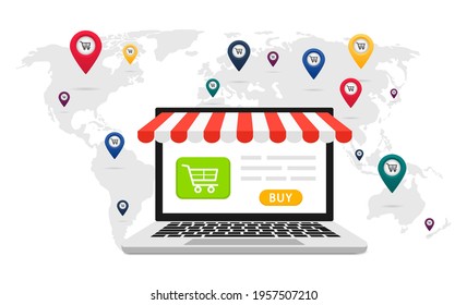 Concept of online trading around the world. Laptop on the background of the world map with location flags. Banner for marketing and promotion ecommerce. Online store, shopping. Open laptop with awning