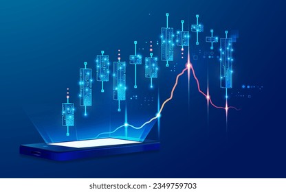 concept of online trading or robot trading, graphic of device with futuristic candlestick and lighting element