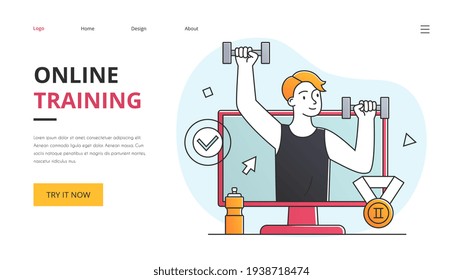 Concept of online training with man lifting weights in a gym and a championship gold medal, colored outlined vector illustration for a website landing page template