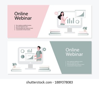 concept of online tutor service that teaches topics online in webinar, conference, tutorial. concept of learning, education. Flat vector illustration, editable web banner template.
