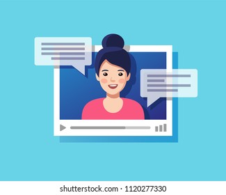 Concept of on-line video chat app, internet talk, call technology. Video player window with speaking woman and messages. Vector illustration.