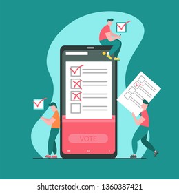 Concept of online voting, voting box with tiny people with decision. Political competition with modern system. White list newsletter on phone screen. Vector illustration with flat design
