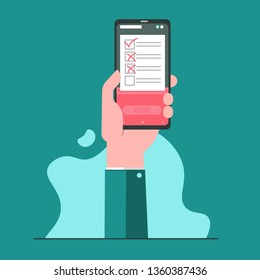 Concept of online voting, voting box with tiny people with decision. Political competition with modern system. White list newsletter on phone screen. Vector illustration with flat design