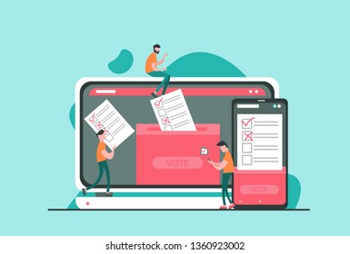 Concept of online voting, voting box with tiny people with decision. Political competition with modern system. White list newsletter on phone screen. Vector illustration with flat design