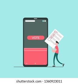 Concept of online voting, voting box with tiny people with decision. Political competition with modern system. White list newsletter on phone screen. Vector illustration with flat design