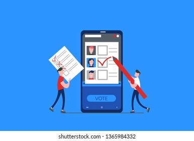 Concept of online voting, elections, voting box with tiny people with decision. Political competition with modern system. White list newsletter on phone screen. Vector illustration with flat design