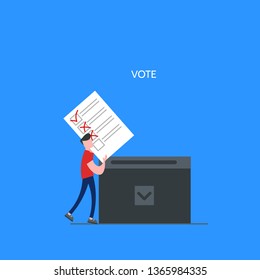 Concept of online voting, elections, voting box with tiny people with decision. Political competition with modern system. White list newsletter on phone screen. Vector illustration with flat design