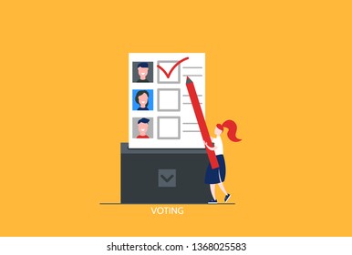 Concept of online voting, elections, voting box with tiny people with decision. Political competition with modern system. White list newsletter on phone screen. Vector illustration with flat design