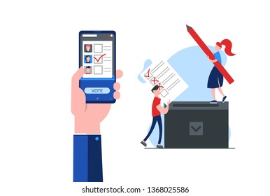 Concept of online voting, elections, voting box with tiny people with decision. Political competition with modern system. White list newsletter on phone screen. Vector illustration with flat design