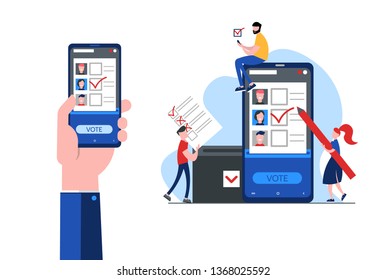 Concept of online voting, elections, voting box with tiny people with decision. Political competition with modern system. White list newsletter on phone screen. Vector illustration with flat design