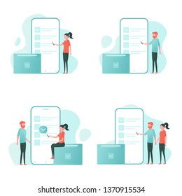 Concept of online voting, elections, voting box with tiny people with decision. Political competition with modern system. White list newsletter on phone screen. Vector illustration with flat design