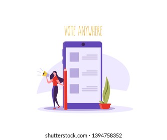 Concept of online voting, elections, voting box with tiny people with decision. Political competition with modern system. White list newsletter on phone screen. Vector illustration with flat design